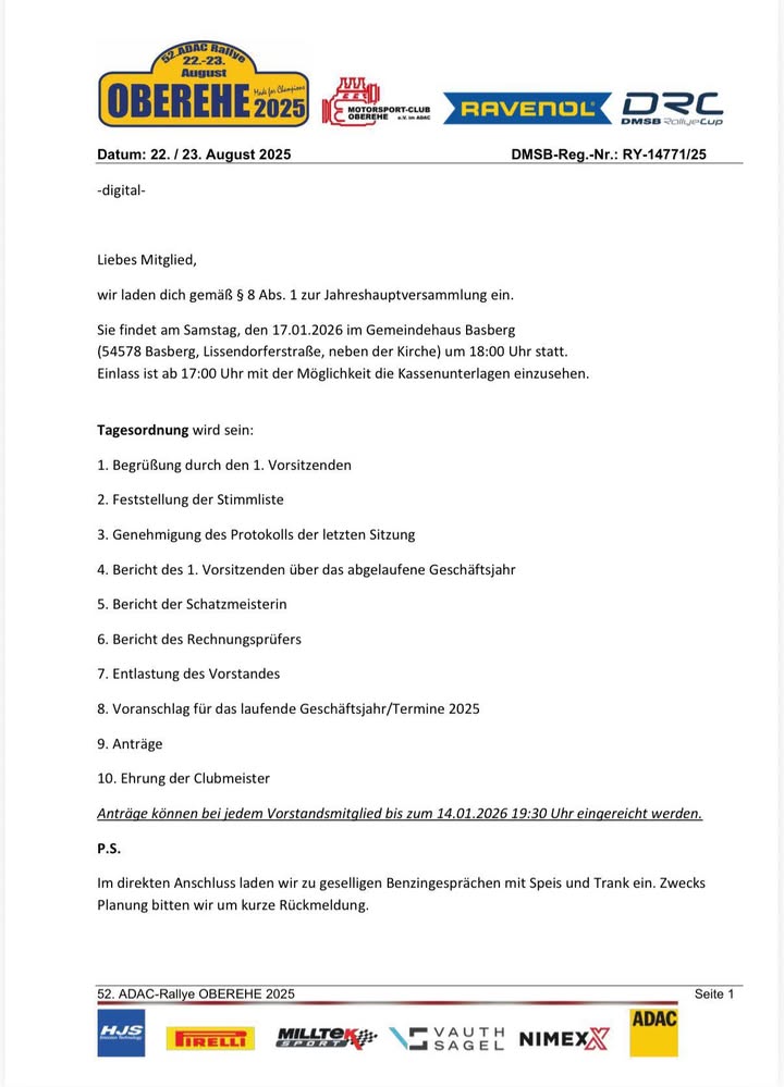 Einladung zur Jahreshauptversammlung. 
Rückmeldungen bitte a...